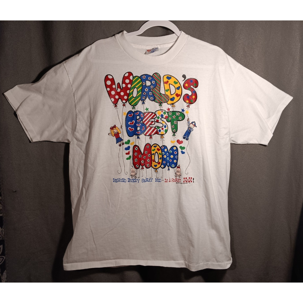 World’s Best Mom Balloon Tee XL White 1993 Hanes USA Vicki Melhart Art Vintage